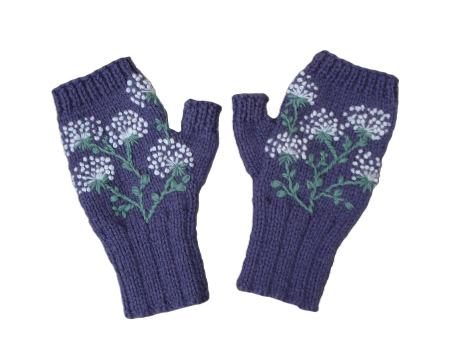 Dark Lilac Fingerless Gloves With Embroidered Dandelion Clocks (J47)