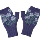 Dark Lilac Fingerless Gloves With Embroidered Dandelion Clocks (J47)