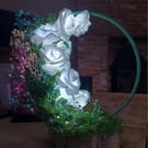 Light Up White Rose Woodland Sculpture on Bark Log Slice – Enchanted Moon Flower