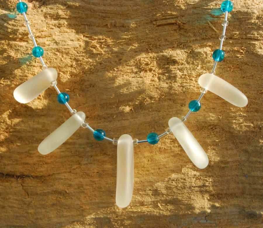 White and turquoise beach glass necklace