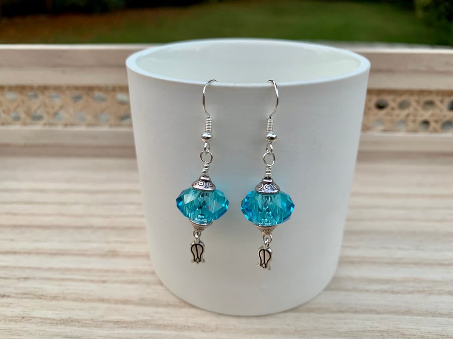 Statement Art Deco Style Crystal Dangle Earrings in Aqua and Silver