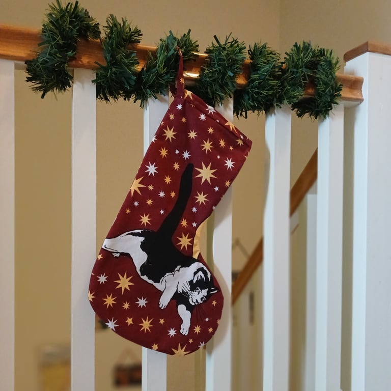 Handmade Christmas stocking - magical cat and stars