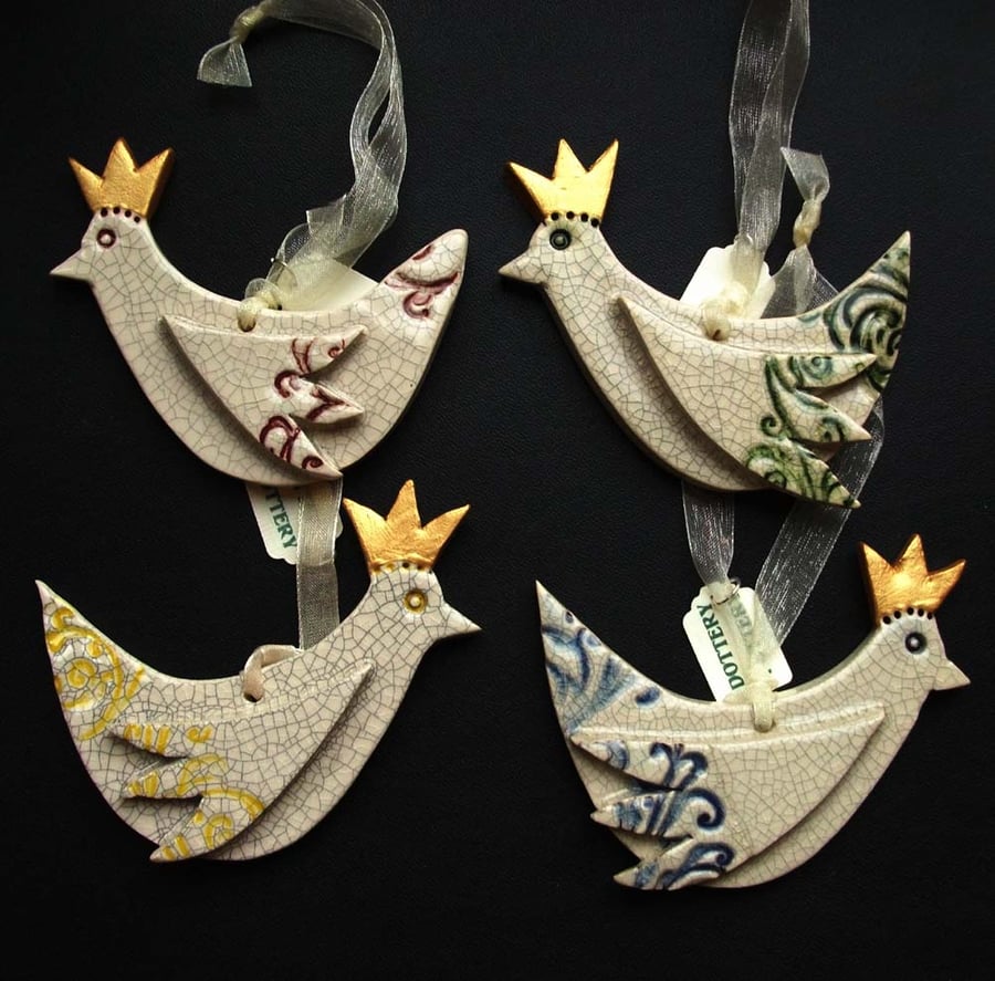 Set of four Xmas bird decorations