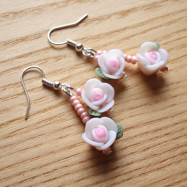 White Rose Polymer Clay Flower Earrings