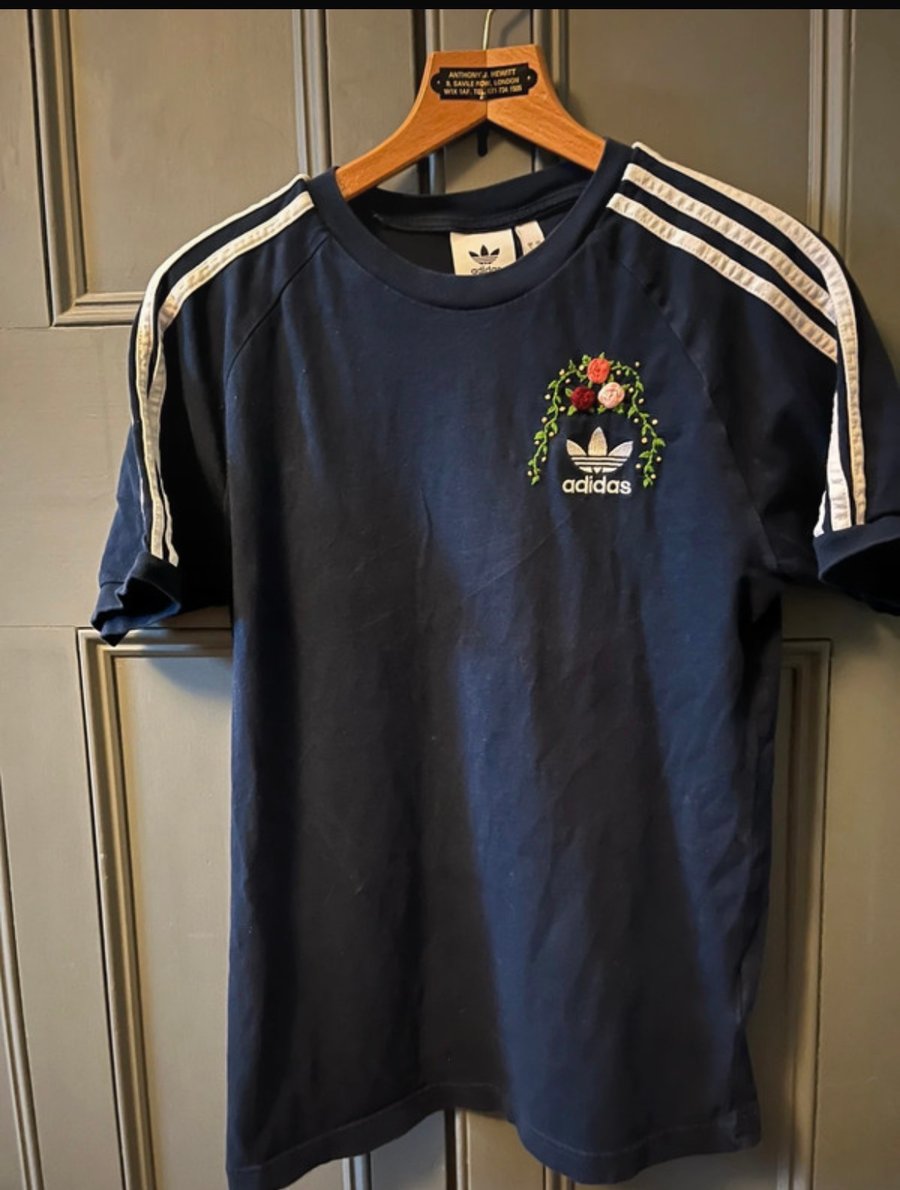 Hand-Embroidered Navy Adidas Three-Stripe T-Shirt – One-of-a-Kind