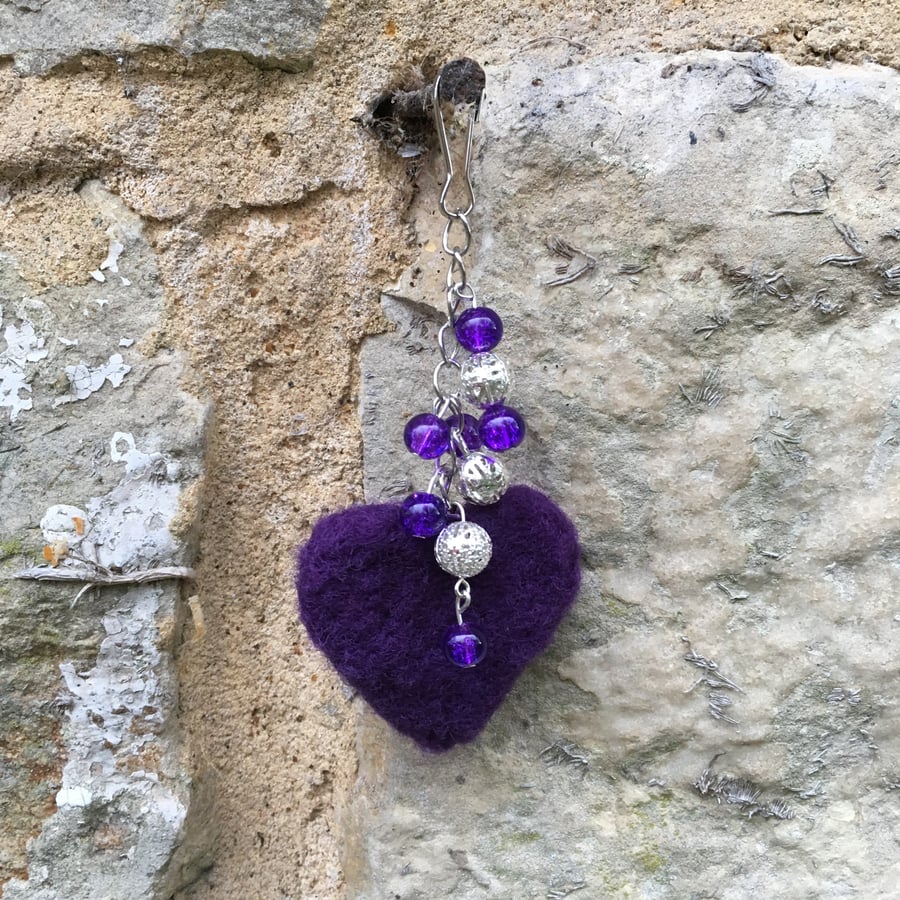 Bag charm, key fob, needle felted heart with beads, purple SALE