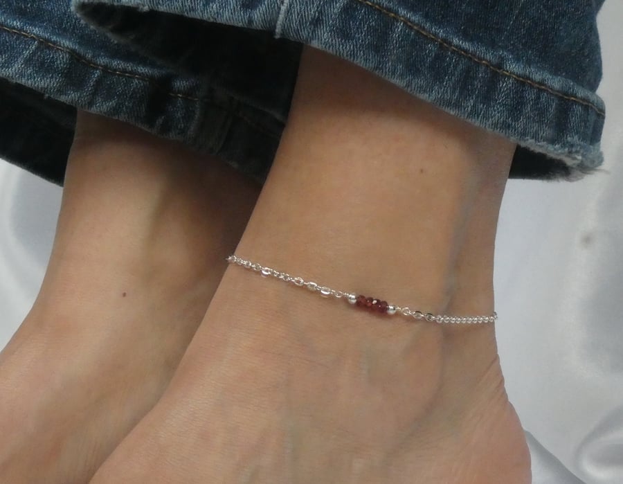 Silver garnet ankle bracelet