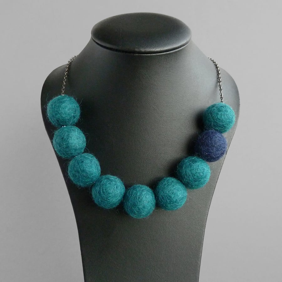 Chunky Teal Felt Ball Necklace - Blue Green Big Ball Statement Necklaces - Gifts