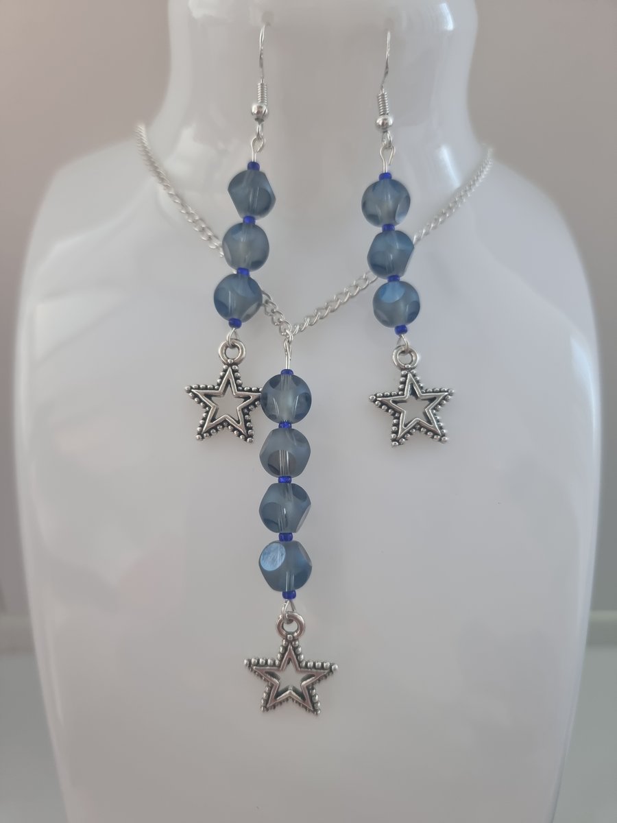 Dark blue Star necklace and earrings matching set