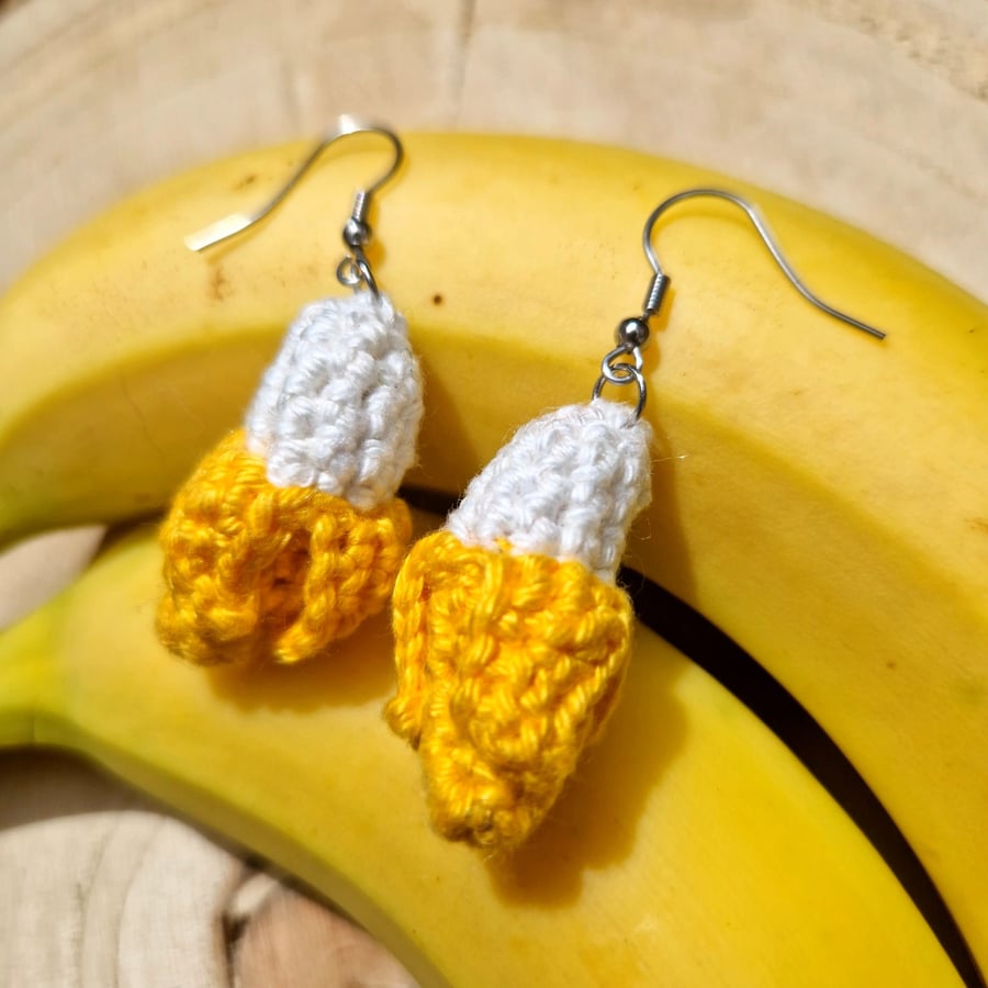 Banana earrings, Yellow earrings, Fruit themed jewellery, Fun dangle earrings