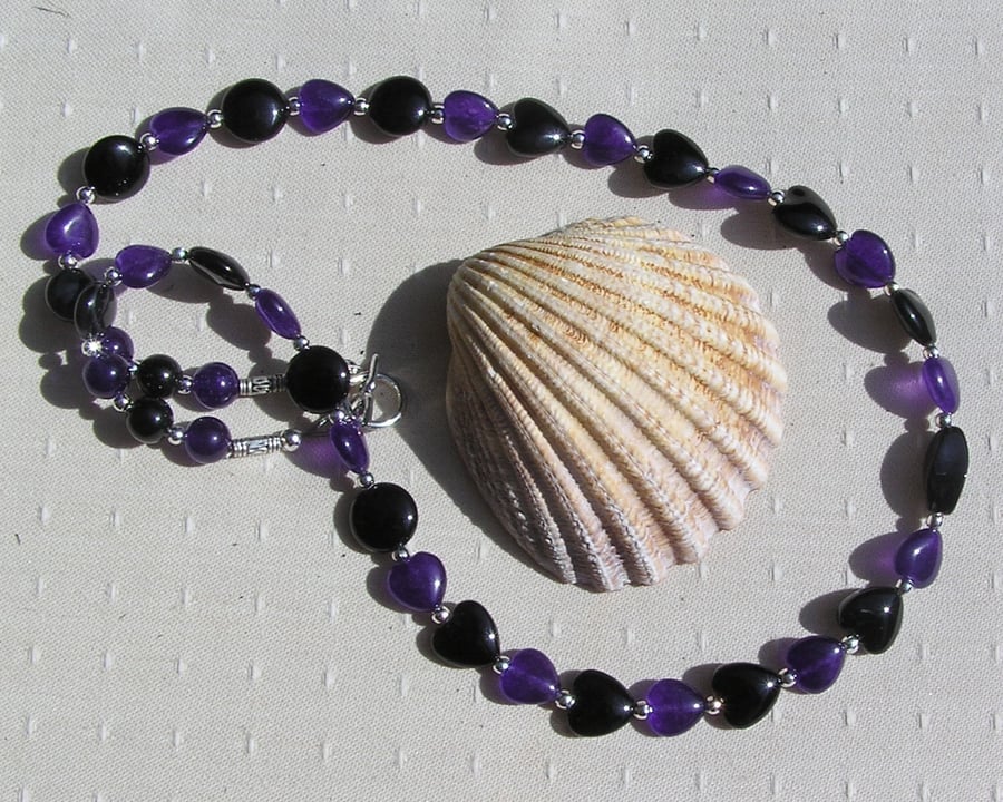 Black Onyx & Purple Amethyst Crystal Gemstone Statement Heart Beaded Necklace