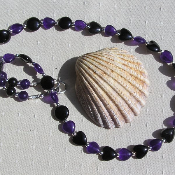 Black Onyx & Purple Amethyst Crystal Gemstone Statement Heart Beaded Necklace