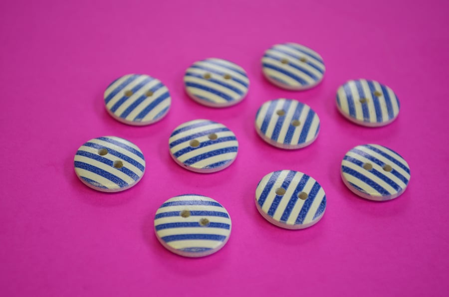 15mm Wooden Striped Buttons Dark Blue White 10pk Stripe Stripey (SST7)