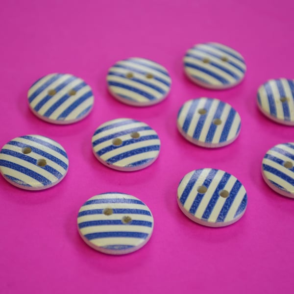 15mm Wooden Striped Buttons Dark Blue White 10pk Stripe Stripey (SST7)