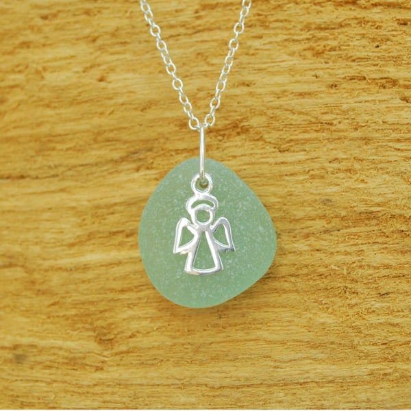 Aquamarine sea glass pendant with angel charm