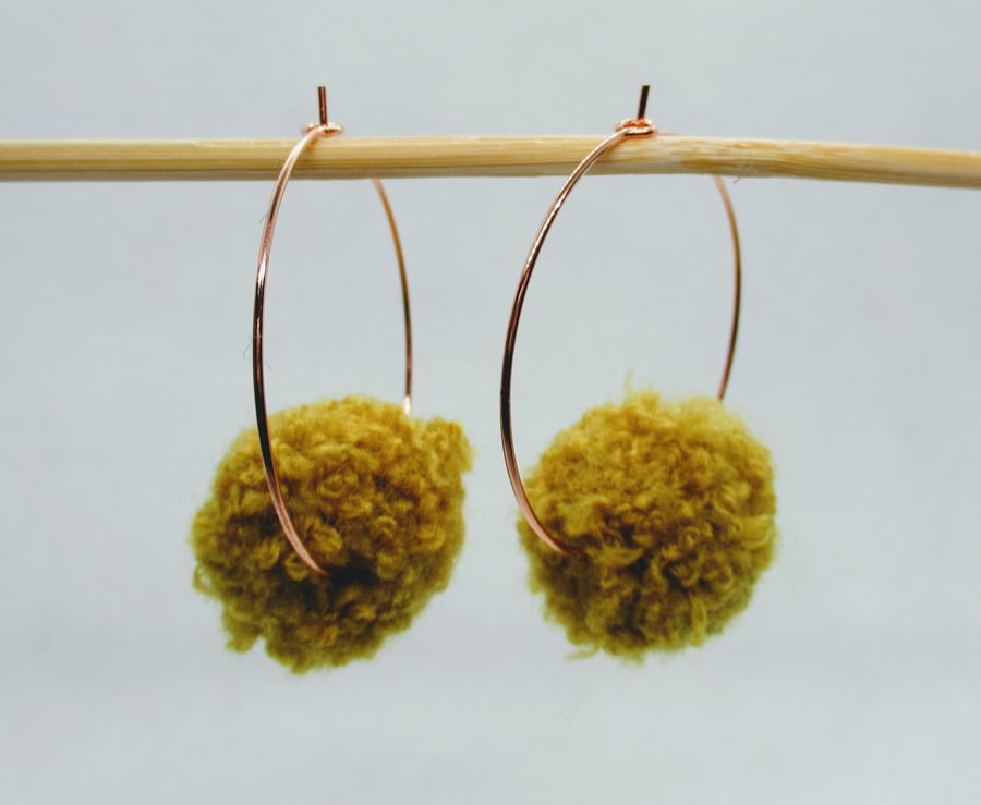 Rose Gold plated hoop earrings with Pom Poms - yellow cream blue grey black