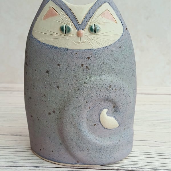 Handmade stoneware cat vase 