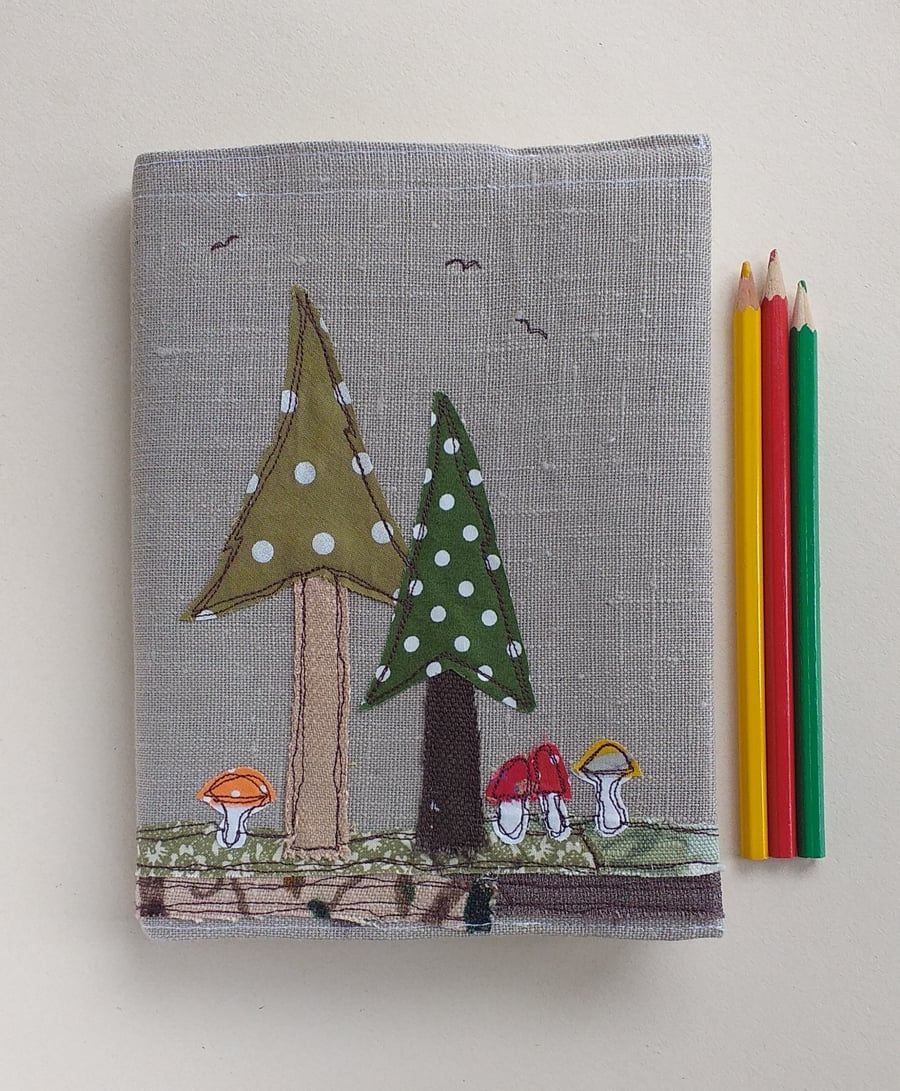 A5 Hardback Notebook with Embroidered Toadstools and Trees on a Removable Cover