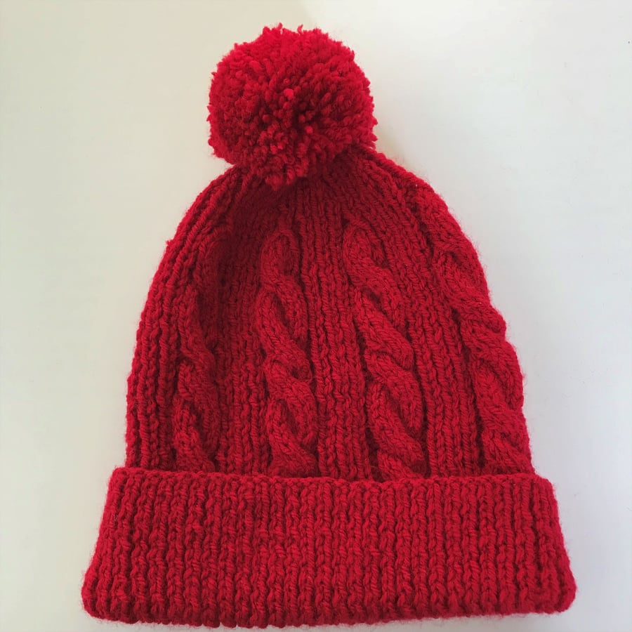 Hand knitted Child's bright red cabled bobble hat - age 4 -7 years