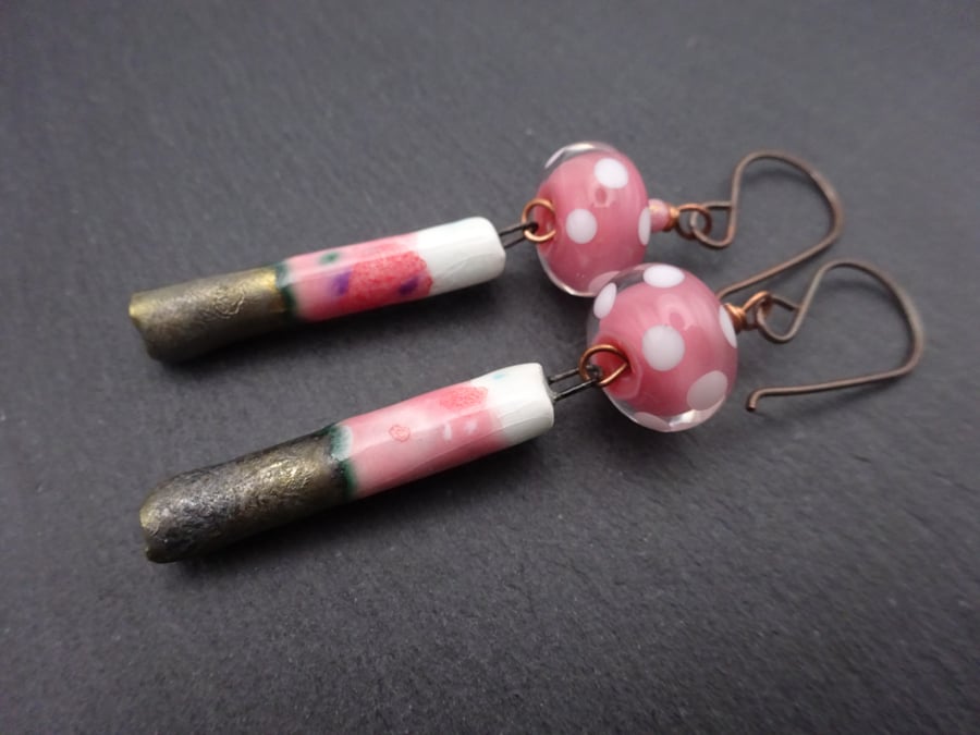 pink lampwork glass and ceramic earrings