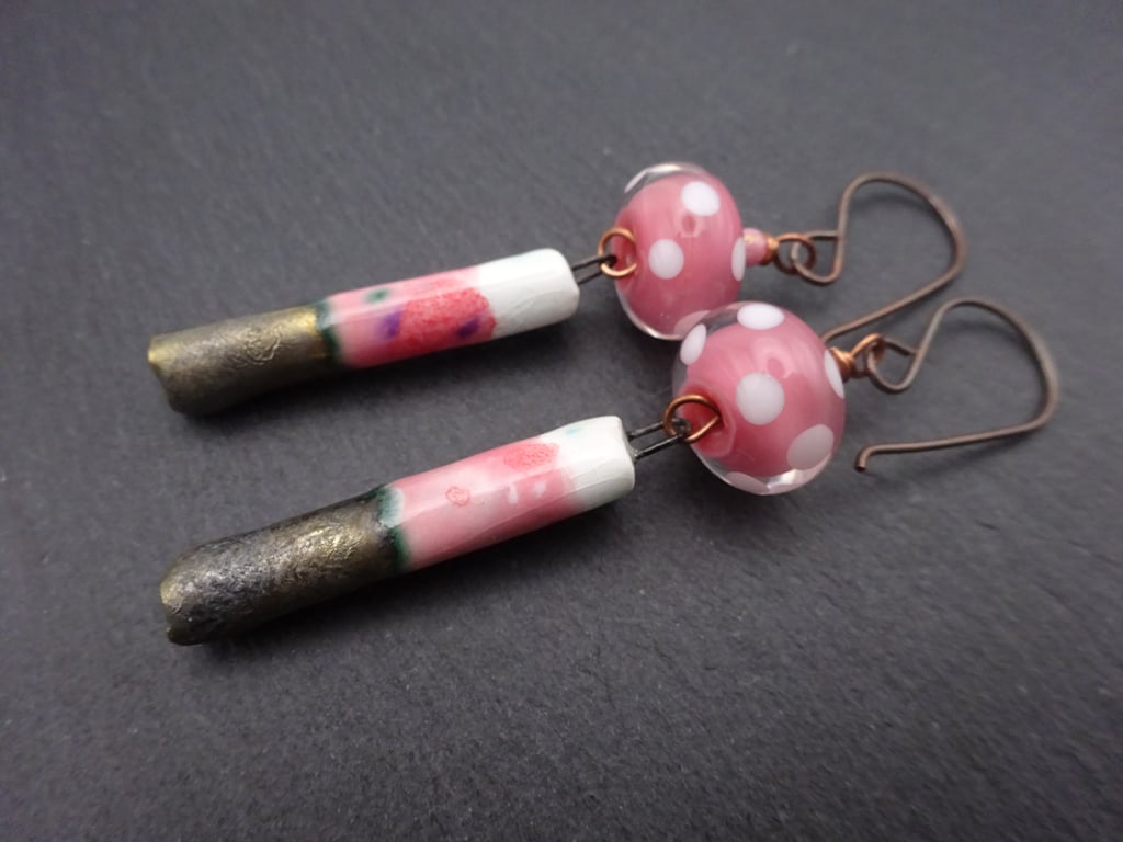 pink lampwork glass and ceramic earrings