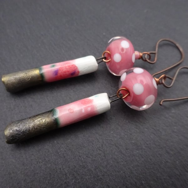 pink lampwork glass and ceramic earrings