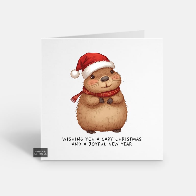 Unique Funny Christmas Card For Him Or Her - Cute Xmas Greeting - Capybara 