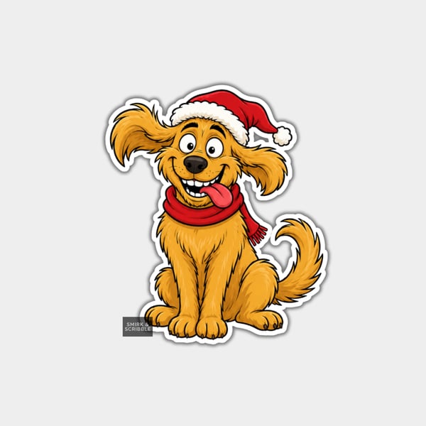 Unique Funny Christmas Sticker Xmas Decal - Cheeky Happy Dog In Santa Hat