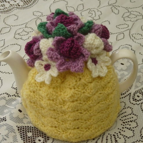 Crochet Tea Cosy/yellow with Flower Garden Top (Made to order)