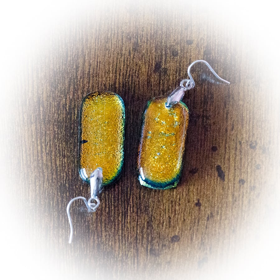Gold Coloured Dichroic Glass Earrings on Sterling Silver Wires - 2112