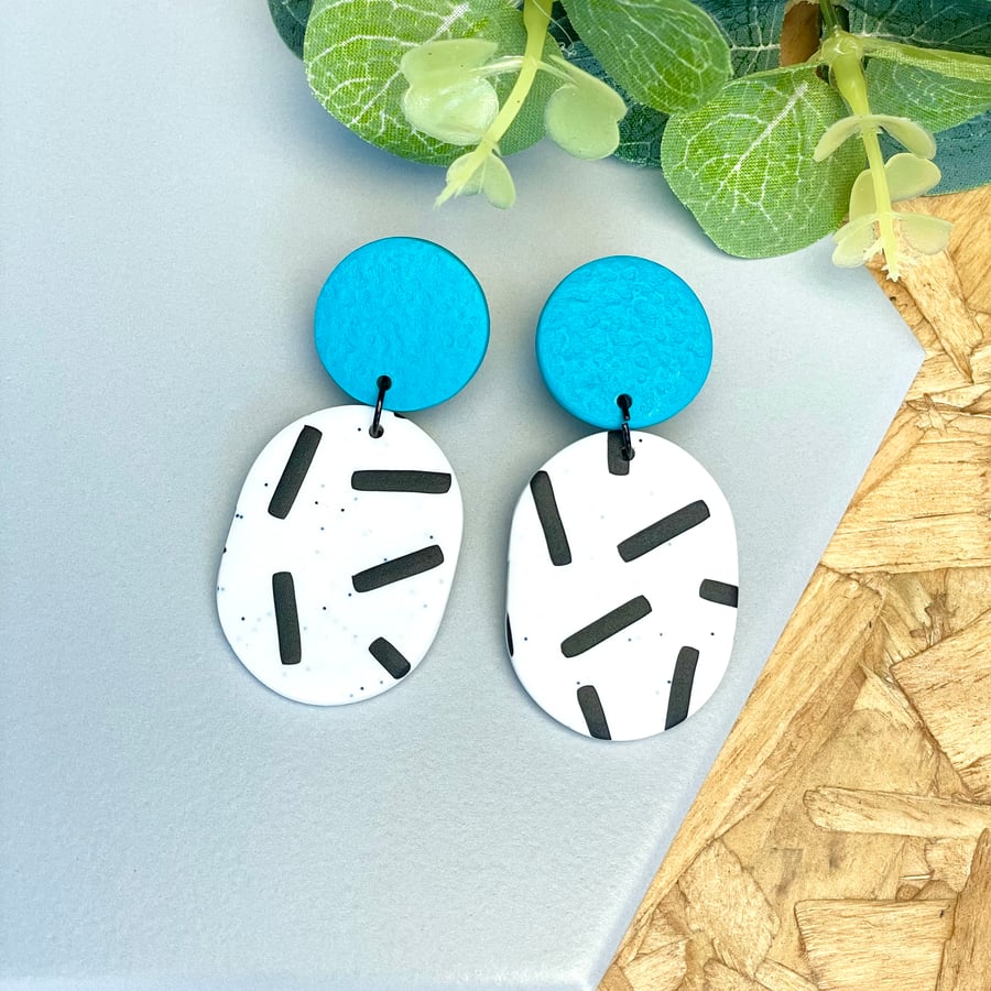 Turquoise & Monochrome Sprinkles Polymer Clay Dangle Earrings 