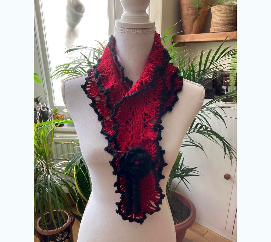 Red -black Crochet Scarf - Hand Knit Long Shawl - Boho Wrap Collar 