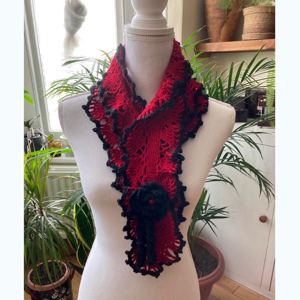 Red -black Crochet Scarf - Hand Knit Long Shawl - Boho Wrap Collar 