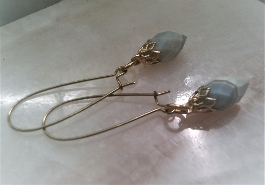 Blue Peruvian Opal Earrings, Pale Blue Opal Gold Plated Dangle Earrings
