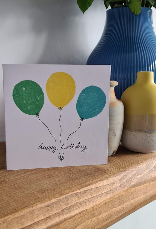 Coloured balloons birthday card 2 colour choices handprinted