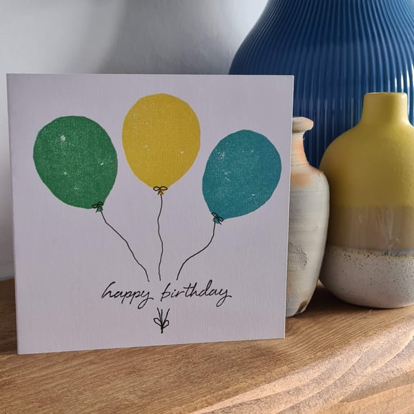 Coloured balloons birthday card 2 colour choices handprinted