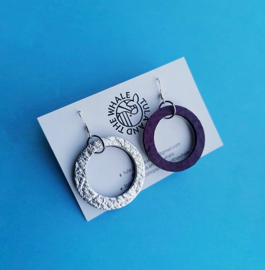 Colour Duo Leather Hoop Earrings - Purple & Silver Medium