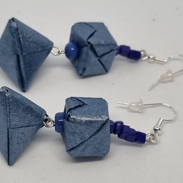 Origami earrings created with blue pearlescent shoyu paper