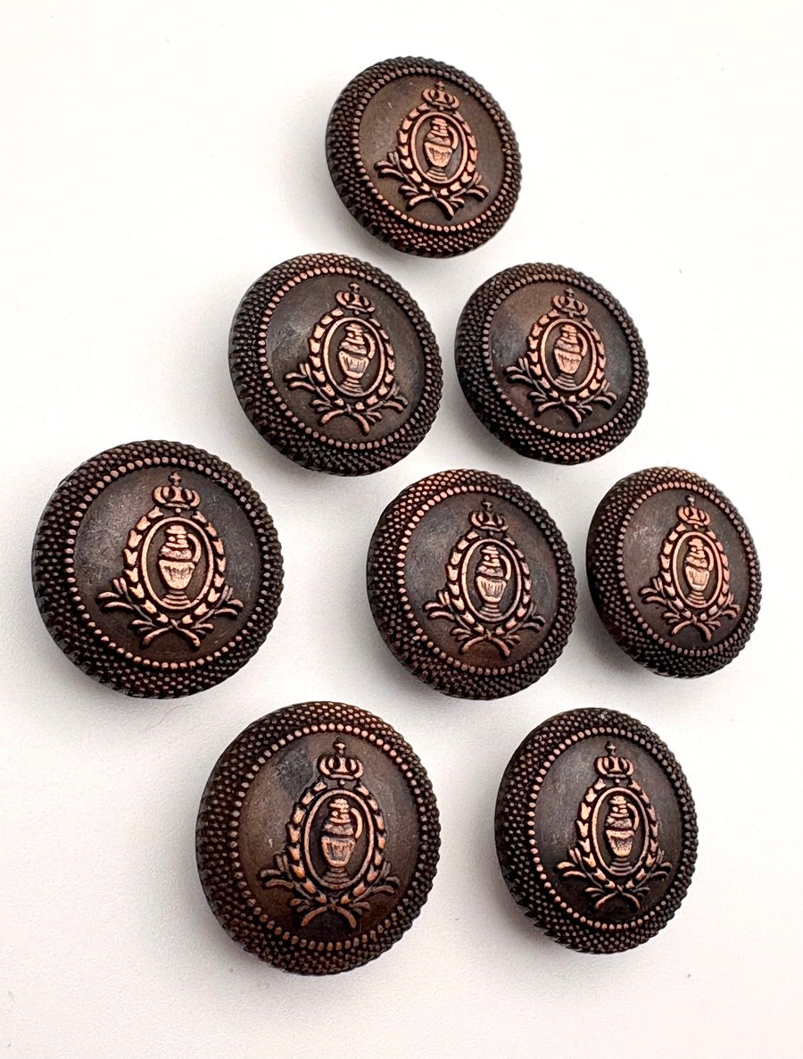 8 Lightly Domed Metal Buttons, Livery Crest - Distressed Copper, 18mm Wide