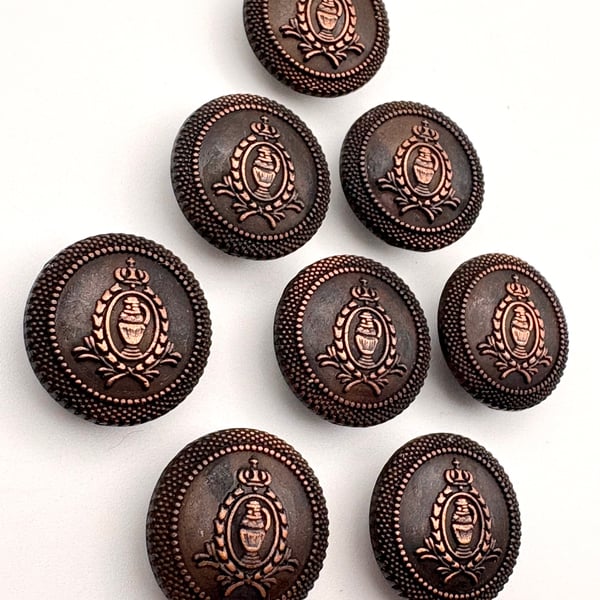 8 Lightly Domed Metal Buttons, Livery Crest - Distressed Copper, 18mm Wide