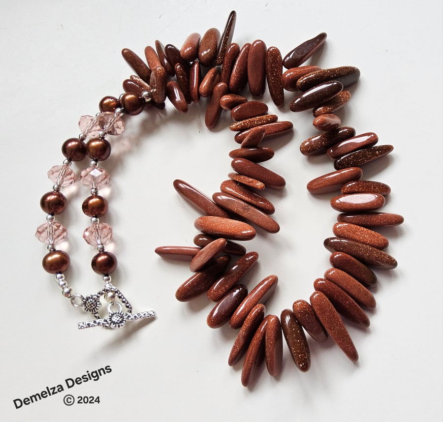 Designer Golden Sandstone, Freshwater Pearls, Faceted Crystal Necklace 