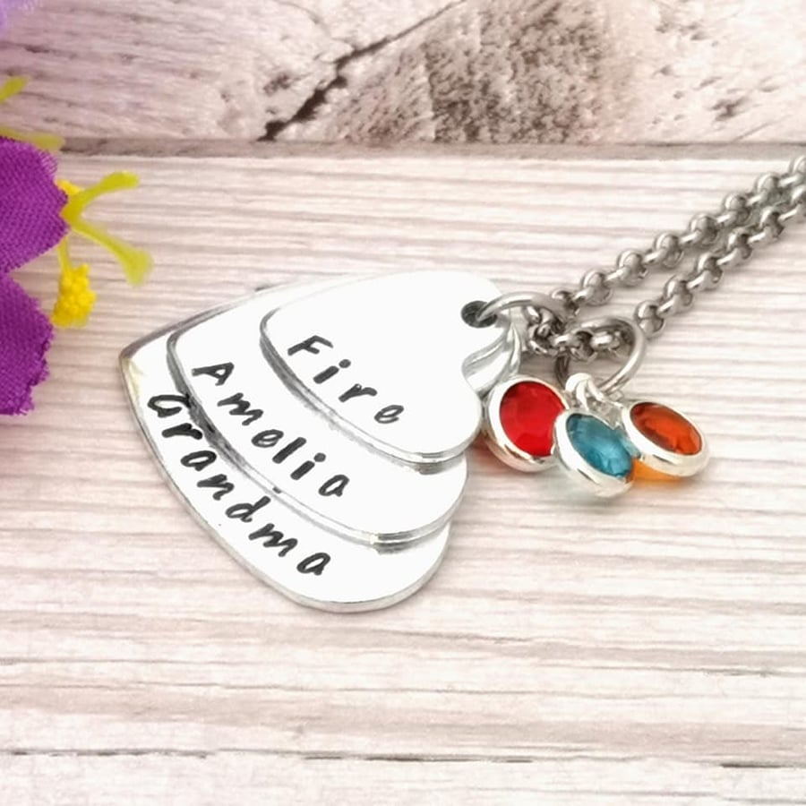 Personalised Stacked Heart Necklace With Birthstone Crystals - Three Names