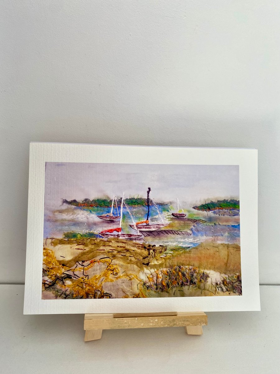 Waiting for the tide, original art print, hand stitched collage