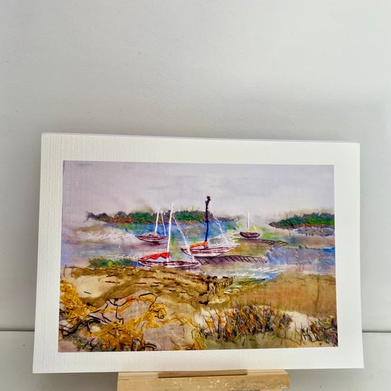 Waiting for the tide, original art print, hand stitched collage