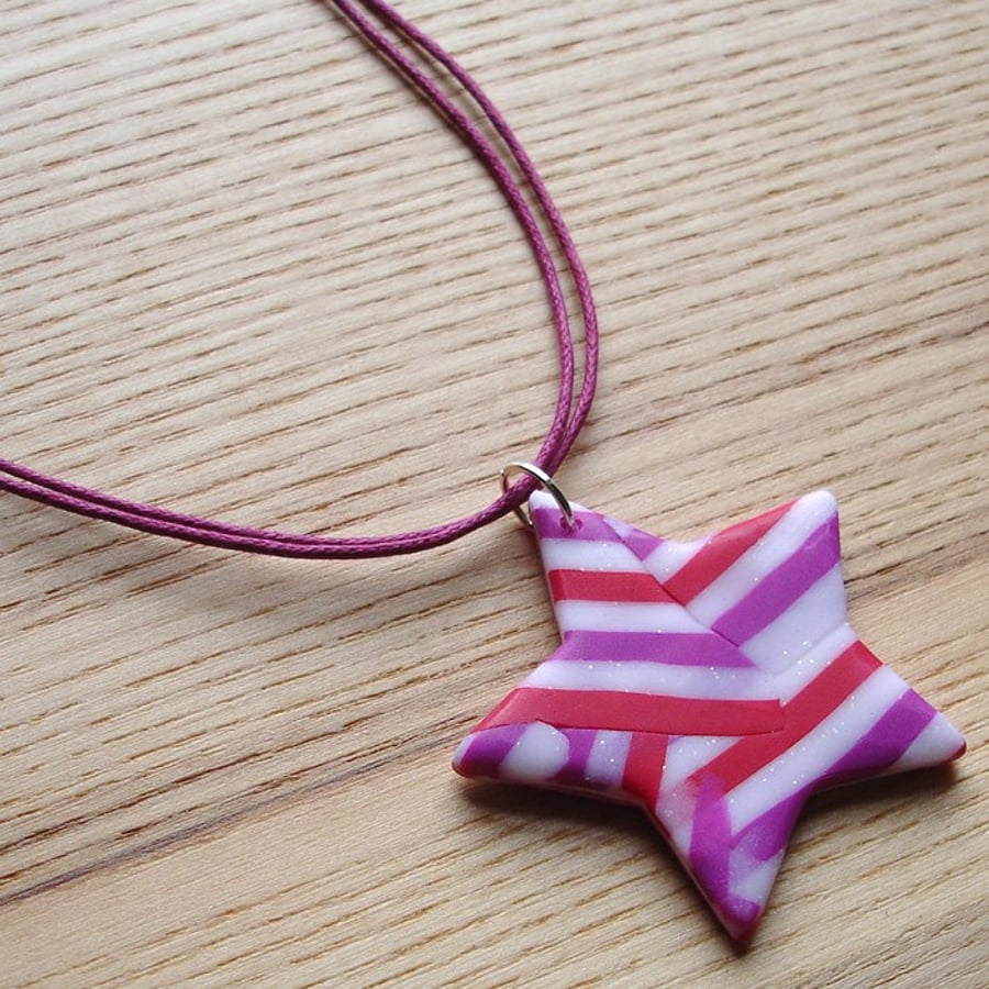 Raspberry Shimmer Star FIMO Polymer Clay Pendant