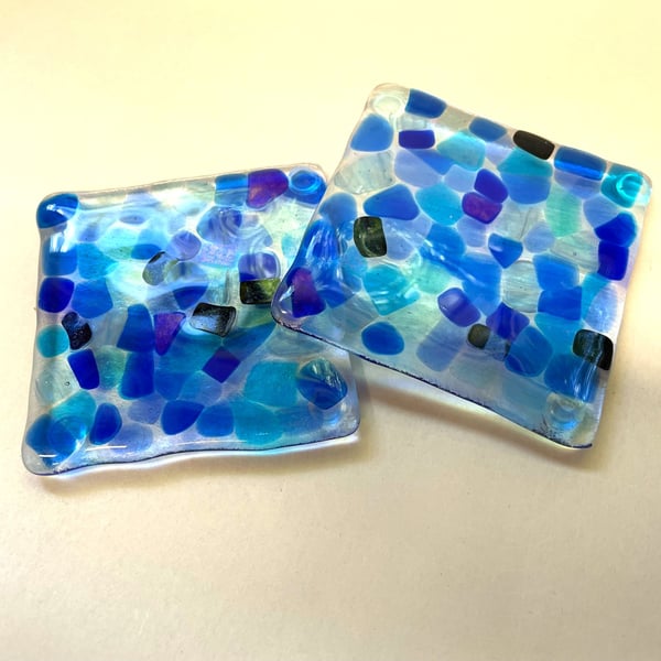 Set of 2 blue on blue fused glass coasters