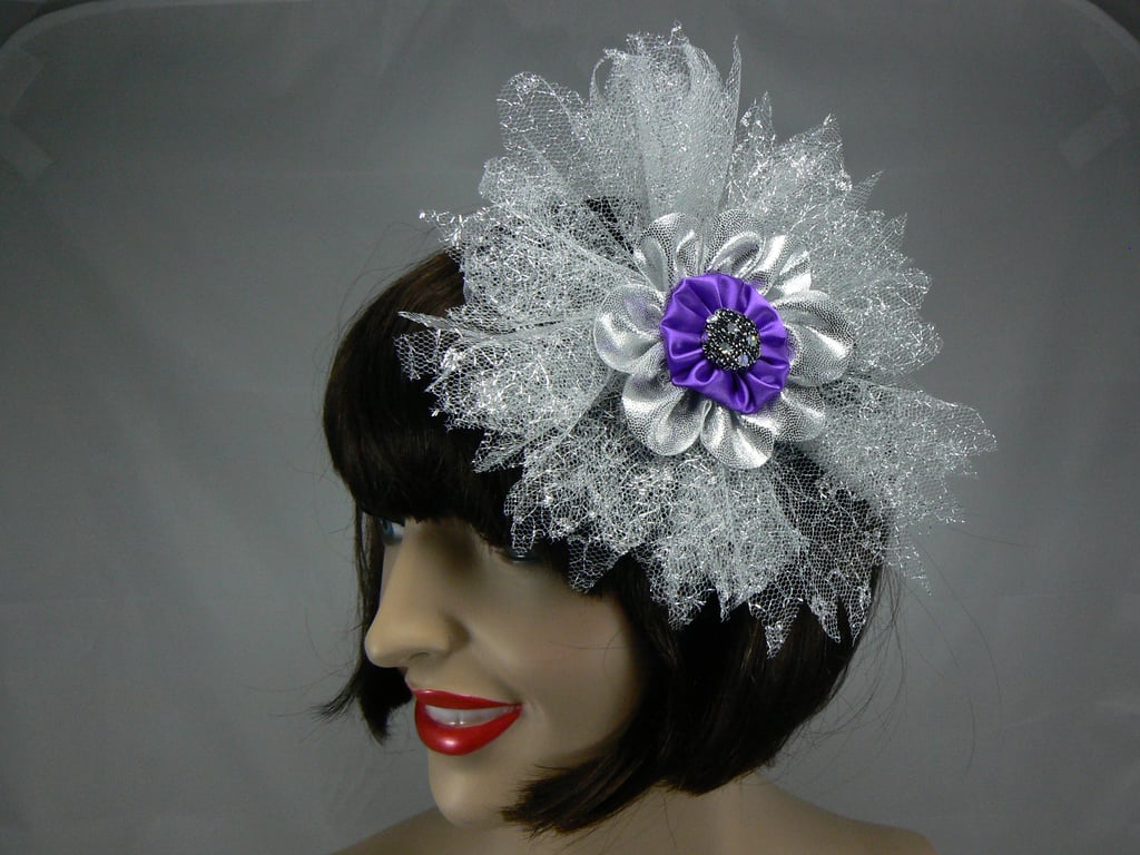 Fascinator Silver and purple  flower
