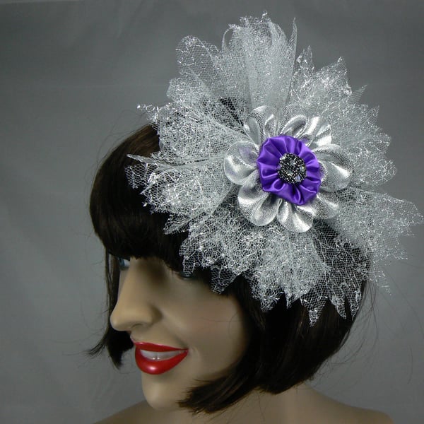 Fascinator Silver and purple  flower