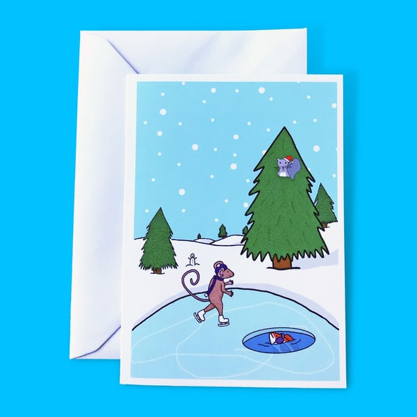  Ice Skating Christmas Scene with Mouse, Squirrel and Fish Illustration A6 Card