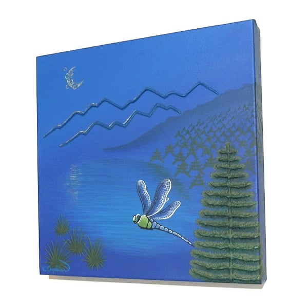 Mountain Lake Acrylic Art - original abstract landscape painting with dragonfly
